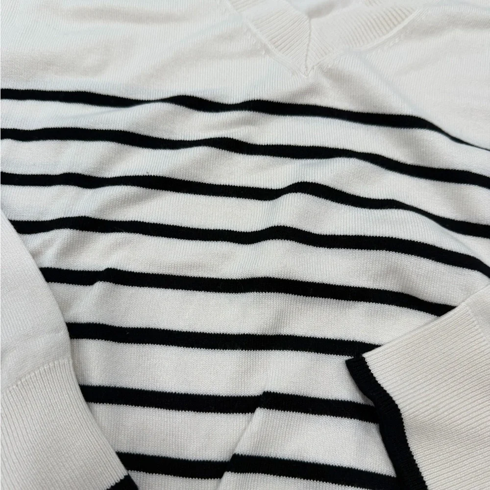 H&M Black and White Striped V-Neck Sweater